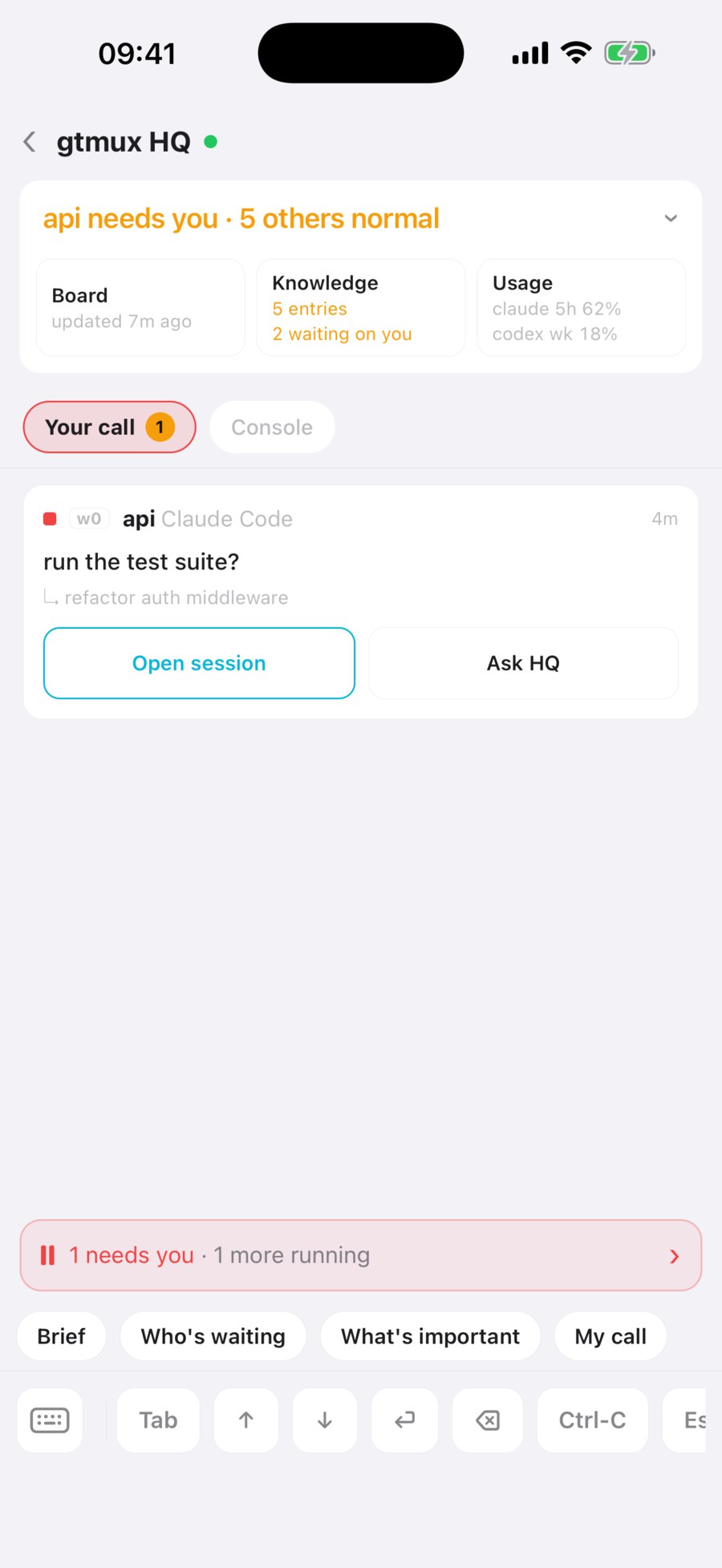 The phone's HQ page on the Your call tab: the one agent waiting on you right now, with buttons to open the session or ask HQ