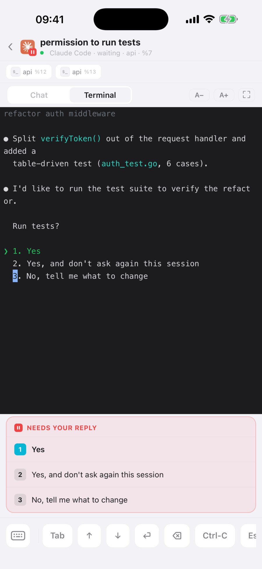 iPhone terminal with the Needs your reply card and its three answers