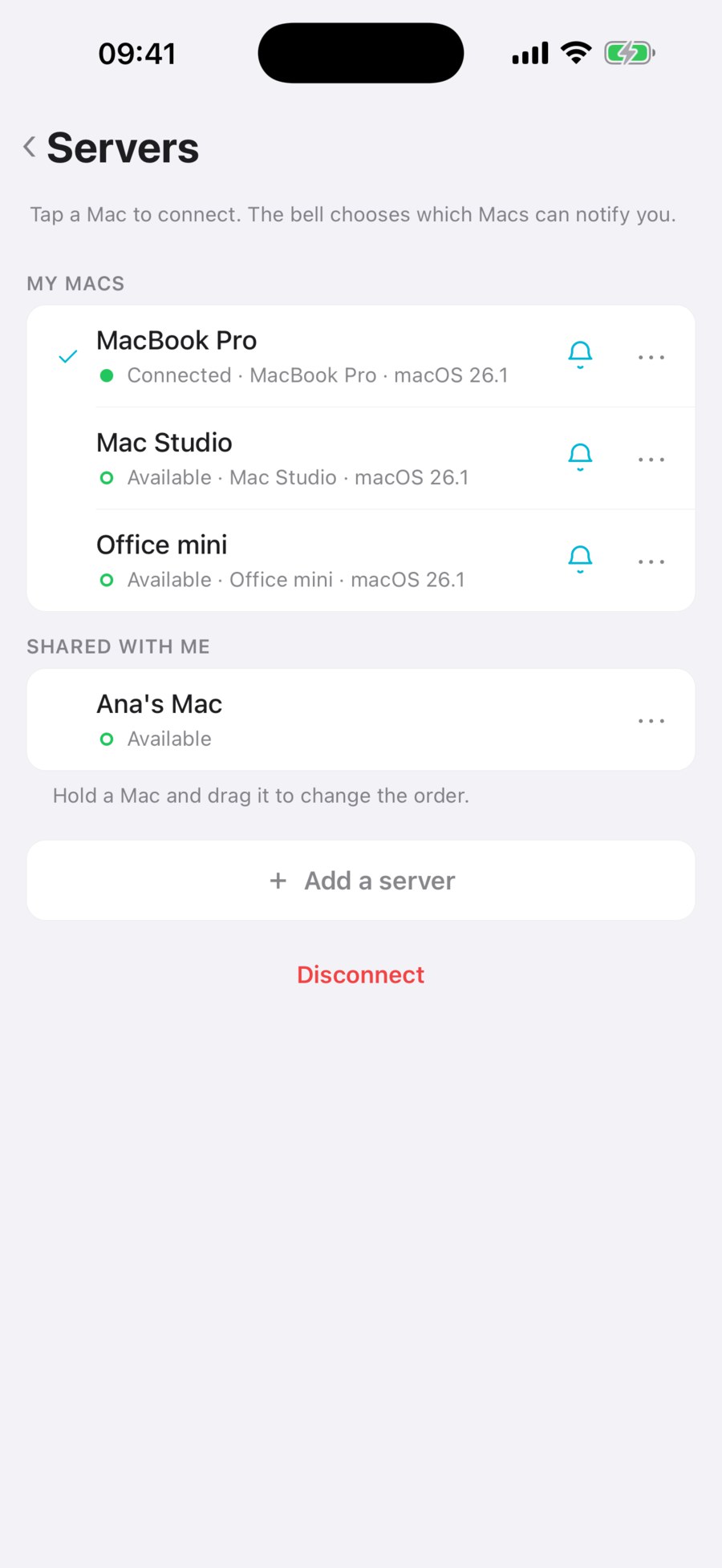 Server list showing paired hosts and a separate guest connection